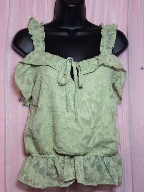 Gigio Sage Green Lace Ruffle Tank Top with Cinched Hem and Tie Front